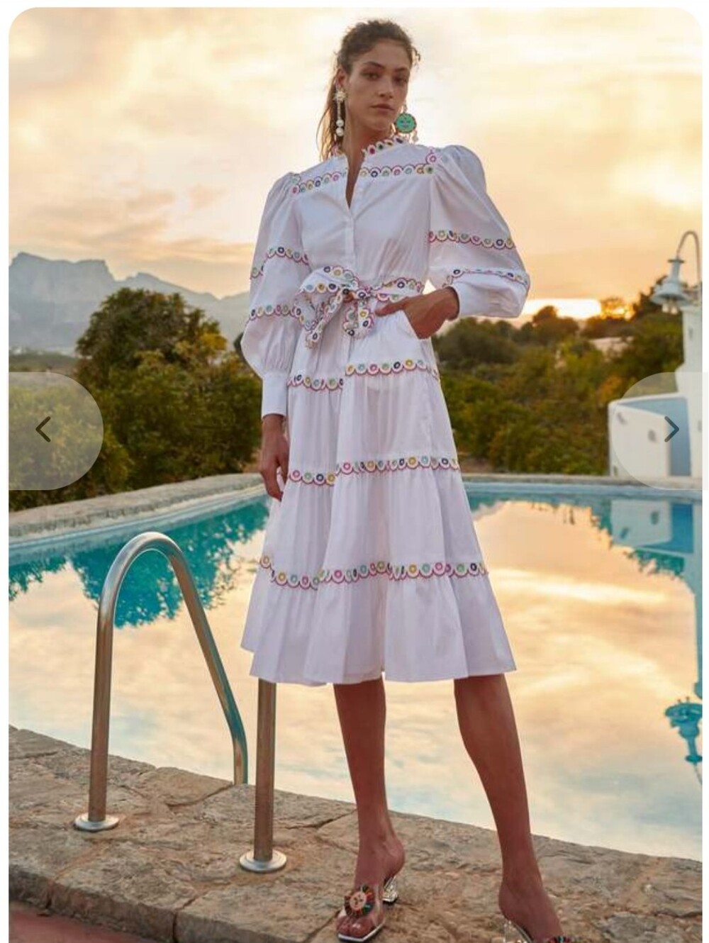 White Tiered Midi Dress with Multicolor Trim